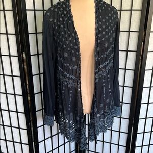 Johnny Was Dusty Blue Embroidery on Black Background Open Cardigan